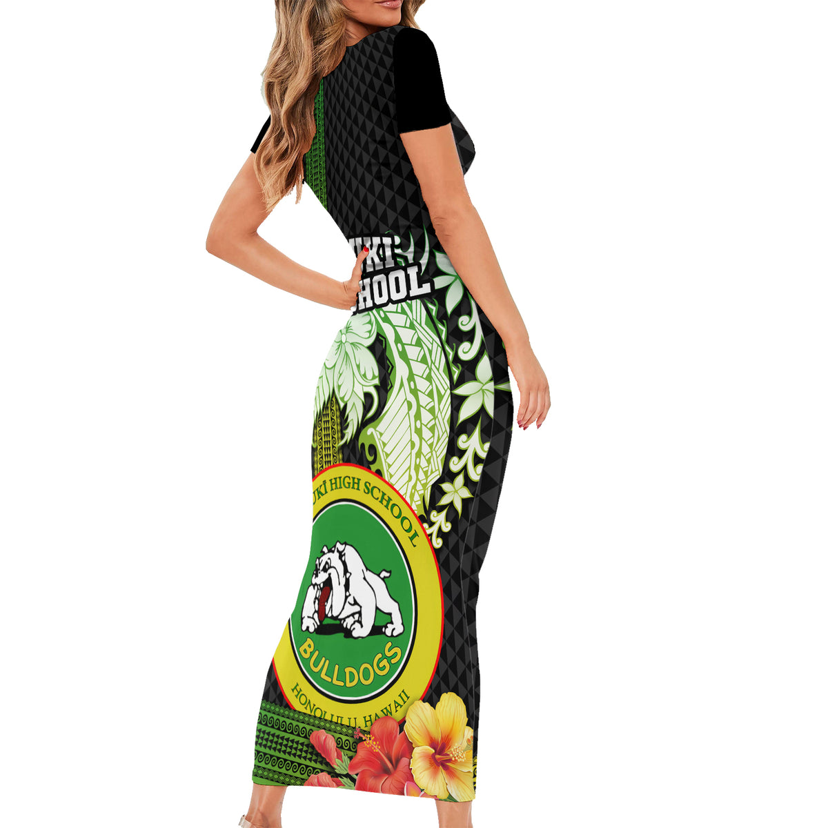 Hawaii Kaimuki High School Short Sleeve Bodycon Dress Tribal Kakau Pattern Mix Hibiscus Flower LT03 - Polynesian Pride