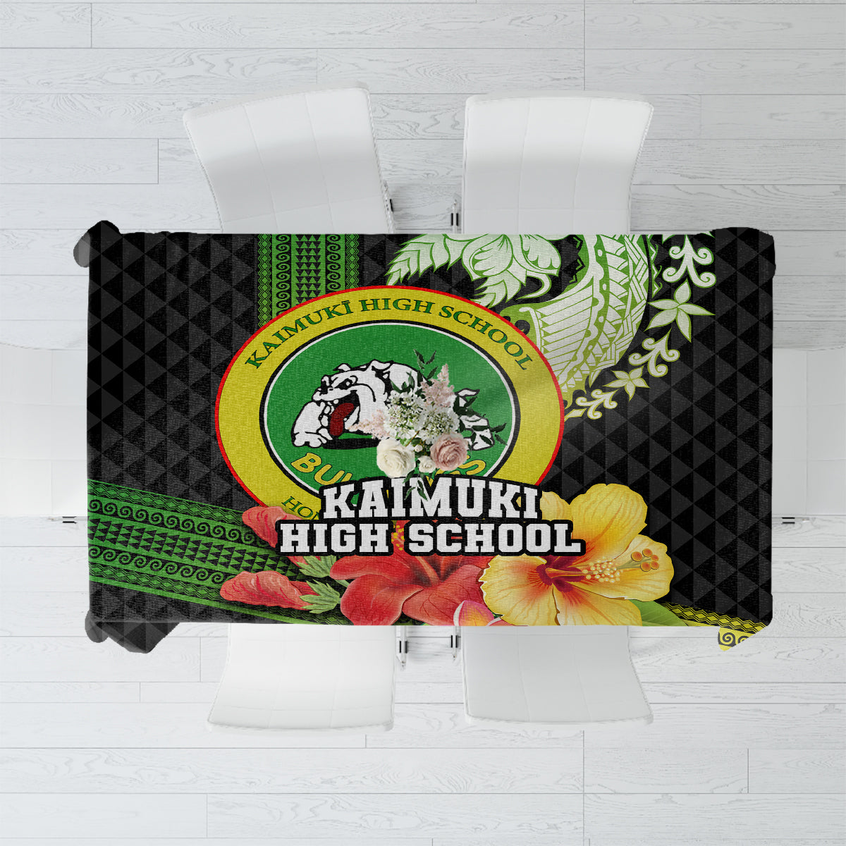 Hawaii Kaimuki High School Tablecloth Tribal Kakau Pattern Mix Hibiscus Flower LT03 Black - Polynesian Pride