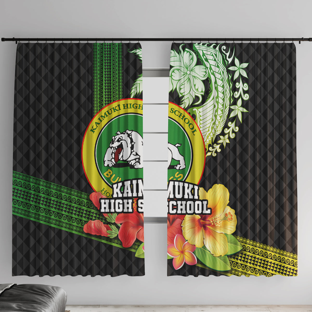 Hawaii Kaimuki High School Window Curtain Tribal Kakau Pattern Mix Hibiscus Flower LT03 With Hooks Black - Polynesian Pride