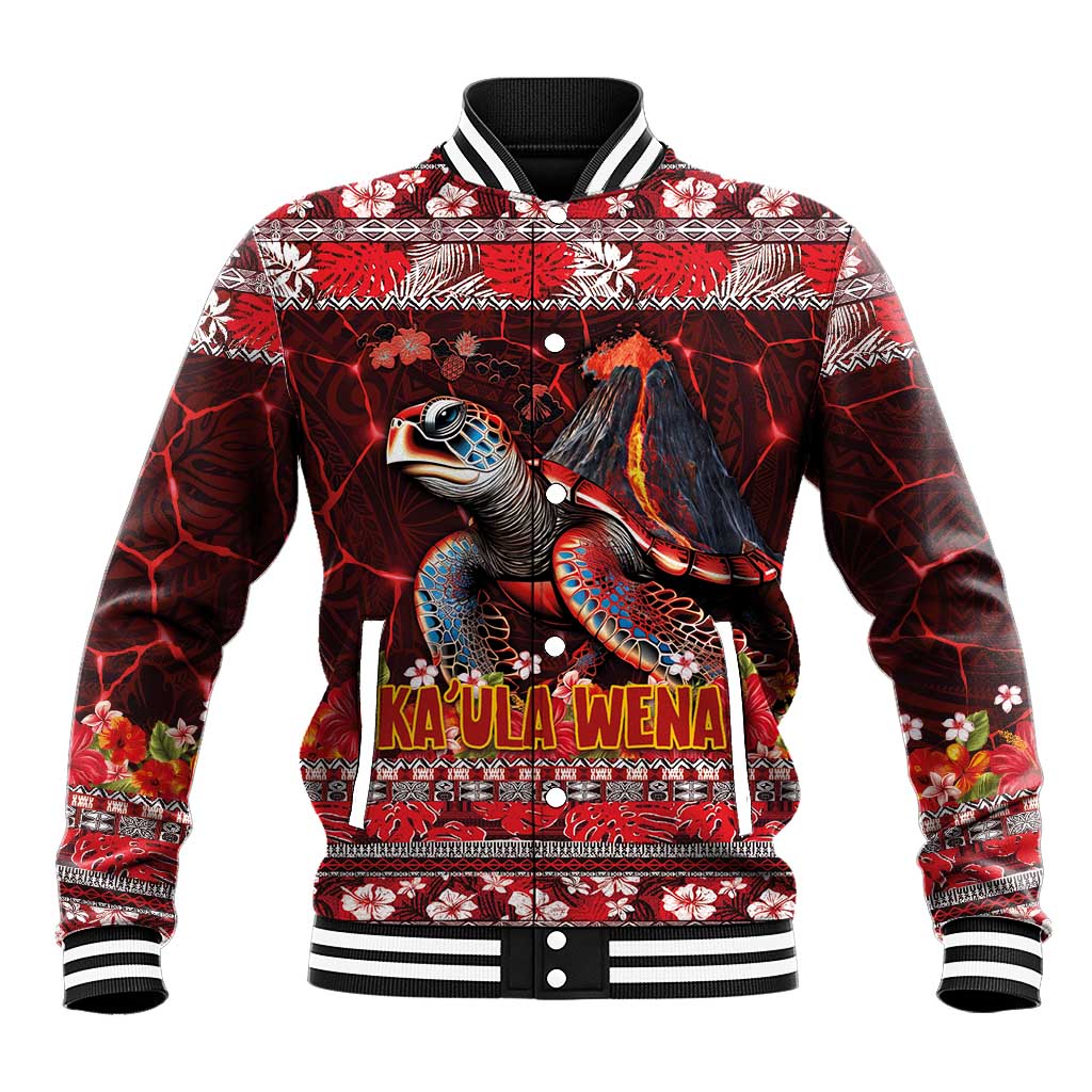 Hawaii KaUla Wena Volcano Turtle Baseball Jacket Lava and Tropical Plants Tribal Pattern LT03 Unisex Red - Polynesian Pride