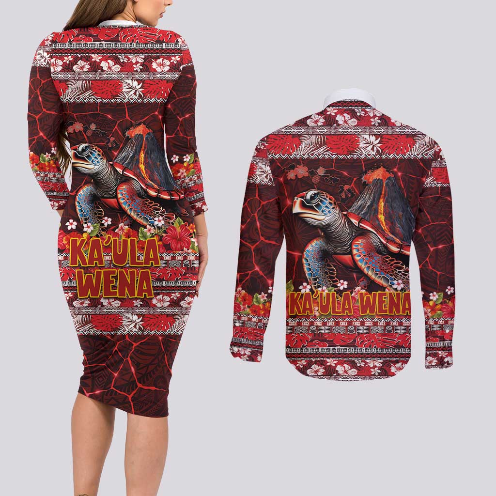 Hawaii KaUla Wena Volcano Turtle Couples Matching Long Sleeve Bodycon Dress and Long Sleeve Button Shirt Lava and Tropical Plants Tribal Pattern LT03 - Polynesian Pride
