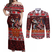 Hawaii KaUla Wena Volcano Turtle Couples Matching Off Shoulder Maxi Dress and Long Sleeve Button Shirt Lava and Tropical Plants Tribal Pattern LT03 Red - Polynesian Pride