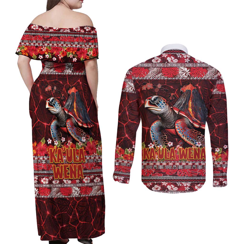 Hawaii KaUla Wena Volcano Turtle Couples Matching Off Shoulder Maxi Dress and Long Sleeve Button Shirt Lava and Tropical Plants Tribal Pattern LT03 - Polynesian Pride