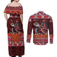 Hawaii KaUla Wena Volcano Turtle Couples Matching Off Shoulder Maxi Dress and Long Sleeve Button Shirt Lava and Tropical Plants Tribal Pattern LT03 - Polynesian Pride