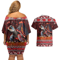 Hawaii KaUla Wena Volcano Turtle Couples Matching Off Shoulder Short Dress and Hawaiian Shirt Lava and Tropical Plants Tribal Pattern LT03 - Polynesian Pride