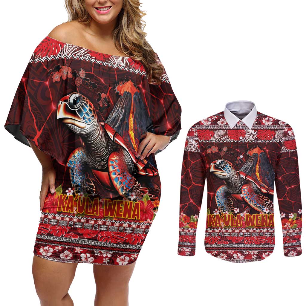 Hawaii KaUla Wena Volcano Turtle Couples Matching Off Shoulder Short Dress and Long Sleeve Button Shirt Lava and Tropical Plants Tribal Pattern LT03 Red - Polynesian Pride