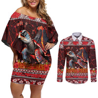 Hawaii KaUla Wena Volcano Turtle Couples Matching Off Shoulder Short Dress and Long Sleeve Button Shirt Lava and Tropical Plants Tribal Pattern LT03 Red - Polynesian Pride