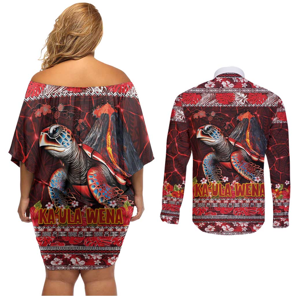 Hawaii KaUla Wena Volcano Turtle Couples Matching Off Shoulder Short Dress and Long Sleeve Button Shirt Lava and Tropical Plants Tribal Pattern LT03 - Polynesian Pride