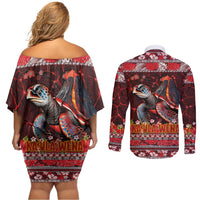 Hawaii KaUla Wena Volcano Turtle Couples Matching Off Shoulder Short Dress and Long Sleeve Button Shirt Lava and Tropical Plants Tribal Pattern LT03 - Polynesian Pride