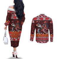 Hawaii KaUla Wena Volcano Turtle Couples Matching Off The Shoulder Long Sleeve Dress and Long Sleeve Button Shirt Lava and Tropical Plants Tribal Pattern LT03 - Polynesian Pride