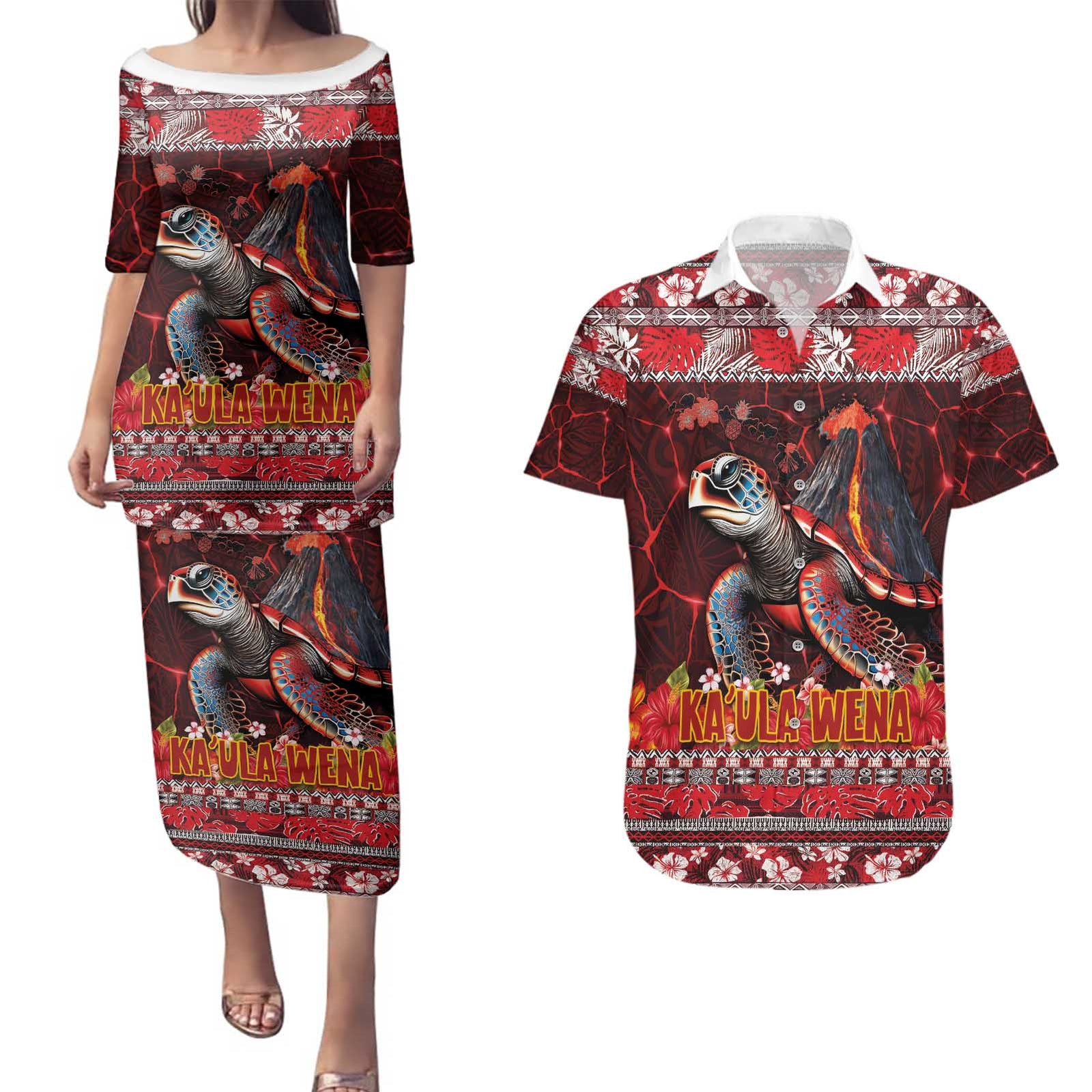 Hawaii KaUla Wena Volcano Turtle Couples Matching Puletasi and Hawaiian Shirt Lava and Tropical Plants Tribal Pattern LT03 Red - Polynesian Pride
