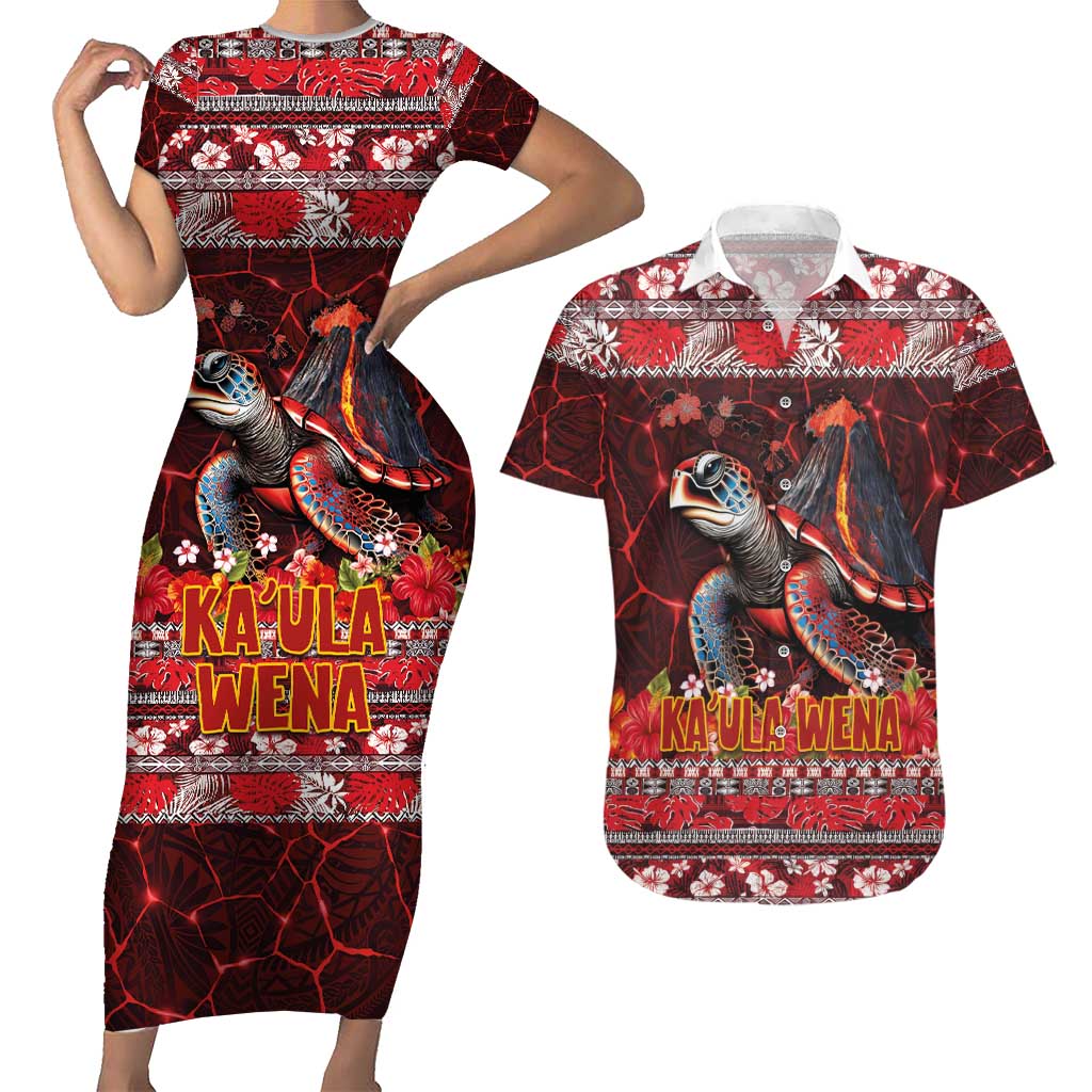 Hawaii KaUla Wena Volcano Turtle Couples Matching Short Sleeve Bodycon Dress and Hawaiian Shirt Lava and Tropical Plants Tribal Pattern LT03 Red - Polynesian Pride