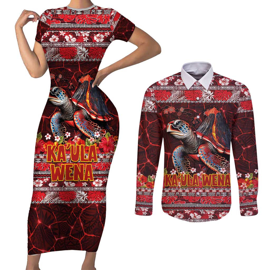 Hawaii KaUla Wena Volcano Turtle Couples Matching Short Sleeve Bodycon Dress and Long Sleeve Button Shirt Lava and Tropical Plants Tribal Pattern LT03 Red - Polynesian Pride