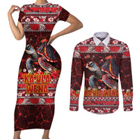 Hawaii KaUla Wena Volcano Turtle Couples Matching Short Sleeve Bodycon Dress and Long Sleeve Button Shirt Lava and Tropical Plants Tribal Pattern LT03 Red - Polynesian Pride