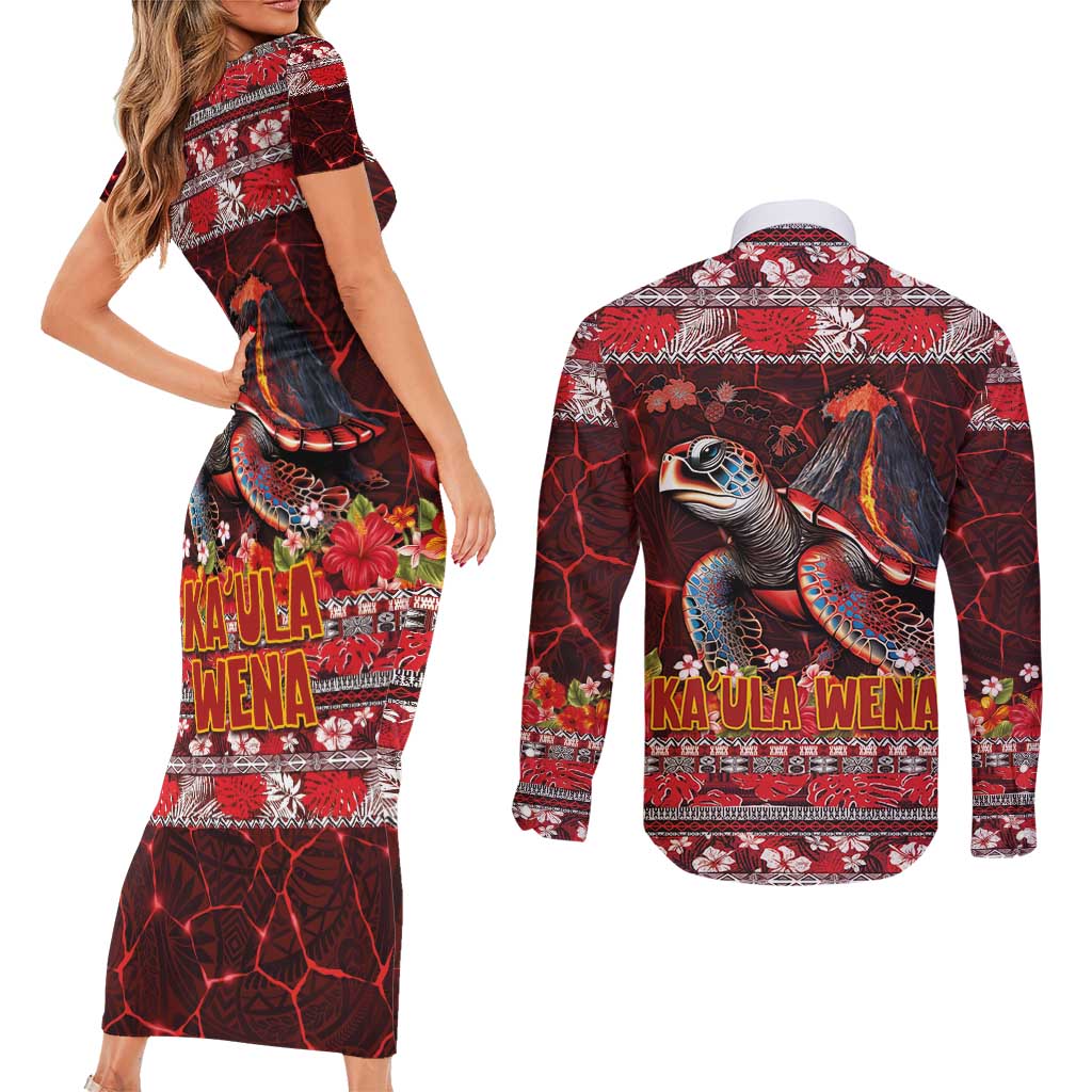 Hawaii KaUla Wena Volcano Turtle Couples Matching Short Sleeve Bodycon Dress and Long Sleeve Button Shirt Lava and Tropical Plants Tribal Pattern LT03 - Polynesian Pride