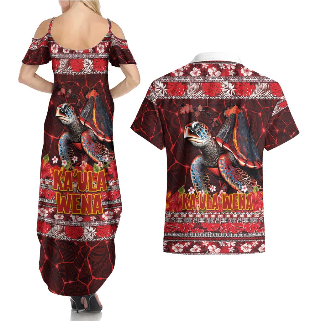 Hawaii KaUla Wena Volcano Turtle Couples Matching Summer Maxi Dress and Hawaiian Shirt Lava and Tropical Plants Tribal Pattern LT03 - Polynesian Pride
