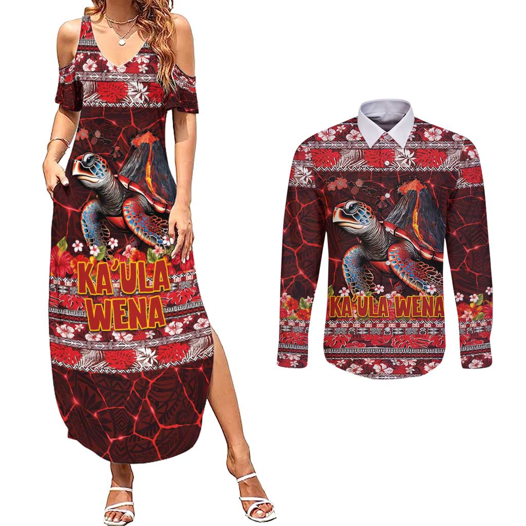 Hawaii KaUla Wena Volcano Turtle Couples Matching Summer Maxi Dress and Long Sleeve Button Shirt Lava and Tropical Plants Tribal Pattern LT03 Red - Polynesian Pride