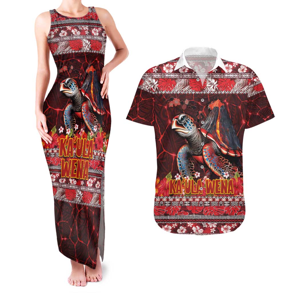 Hawaii KaUla Wena Volcano Turtle Couples Matching Tank Maxi Dress and Hawaiian Shirt Lava and Tropical Plants Tribal Pattern LT03 Red - Polynesian Pride