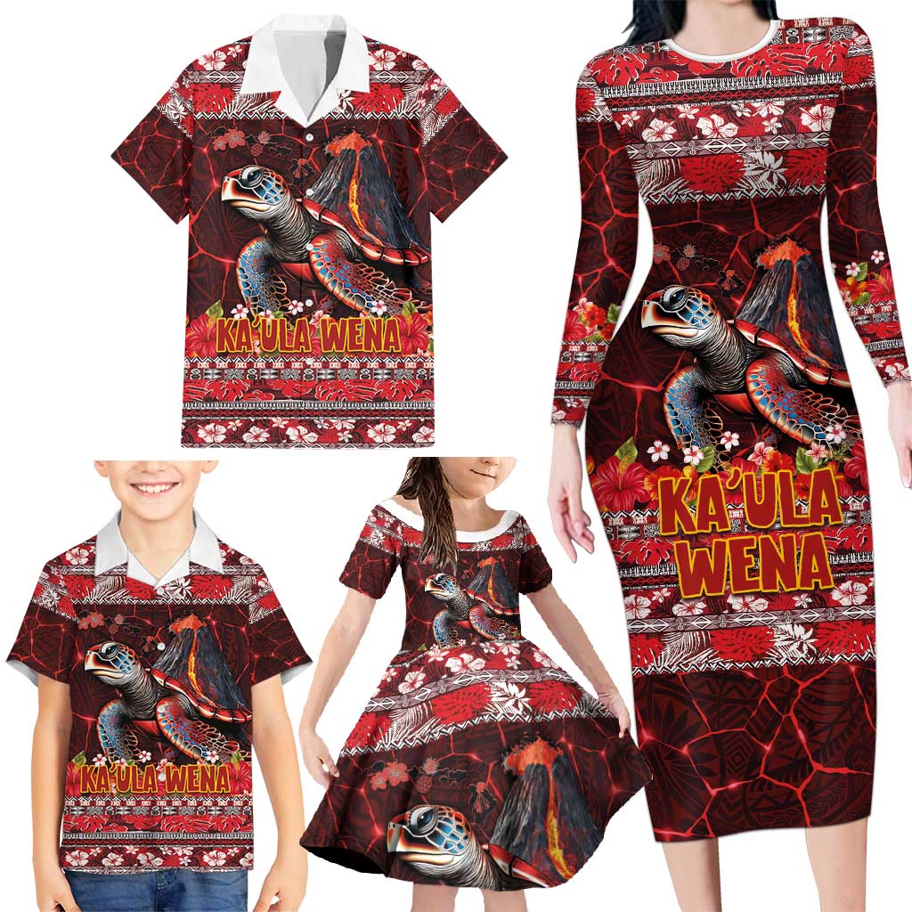 Hawaii KaʻUla Wena Volcano Turtle Family Matching Long Sleeve Bodycon Dress and Hawaiian Shirt Lava and Tropical Plants Tribal Pattern