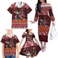 Hawaii KaʻUla Wena Volcano Turtle Family Matching Off The Shoulder Long Sleeve Dress and Hawaiian Shirt Lava and Tropical Plants Tribal Pattern