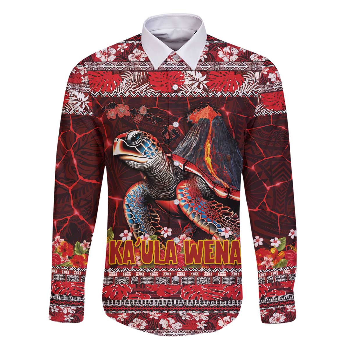 Hawaii KaʻUla Wena Volcano Turtle Family Matching Off The Shoulder Long Sleeve Dress and Hawaiian Shirt Lava and Tropical Plants Tribal Pattern