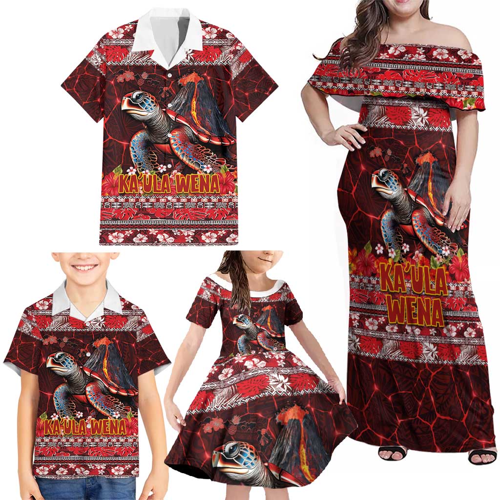 Hawaii KaʻUla Wena Volcano Turtle Family Matching Off Shoulder Maxi Dress and Hawaiian Shirt Lava and Tropical Plants Tribal Pattern