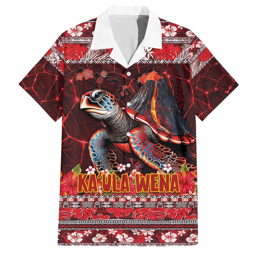 Hawaii KaʻUla Wena Volcano Turtle Family Matching Off Shoulder Short Dress and Hawaiian Shirt Lava and Tropical Plants Tribal Pattern