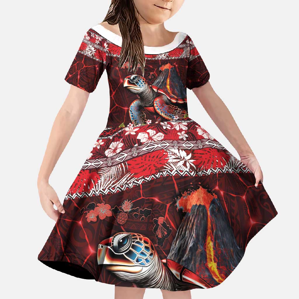 Hawaii KaʻUla Wena Volcano Turtle Family Matching Short Sleeve Bodycon Dress and Hawaiian Shirt Lava and Tropical Plants Tribal Pattern