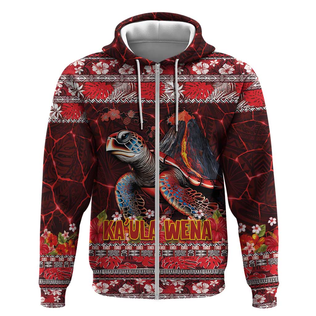 Hawaii KaʻUla Wena Volcano Turtle Hoodie Lava and Tropical Plants Tribal Pattern