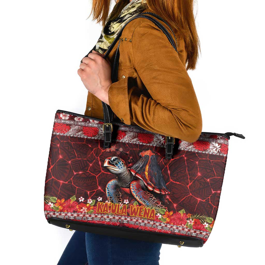 Hawaii KaUla Wena Volcano Turtle Leather Tote Bag Lava and Tropical Plants Tribal Pattern LT03 Red - Polynesian Pride