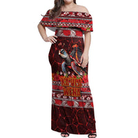 Hawaii KaUla Wena Volcano Turtle Off Shoulder Maxi Dress Lava and Tropical Plants Tribal Pattern LT03 Women Red - Polynesian Pride