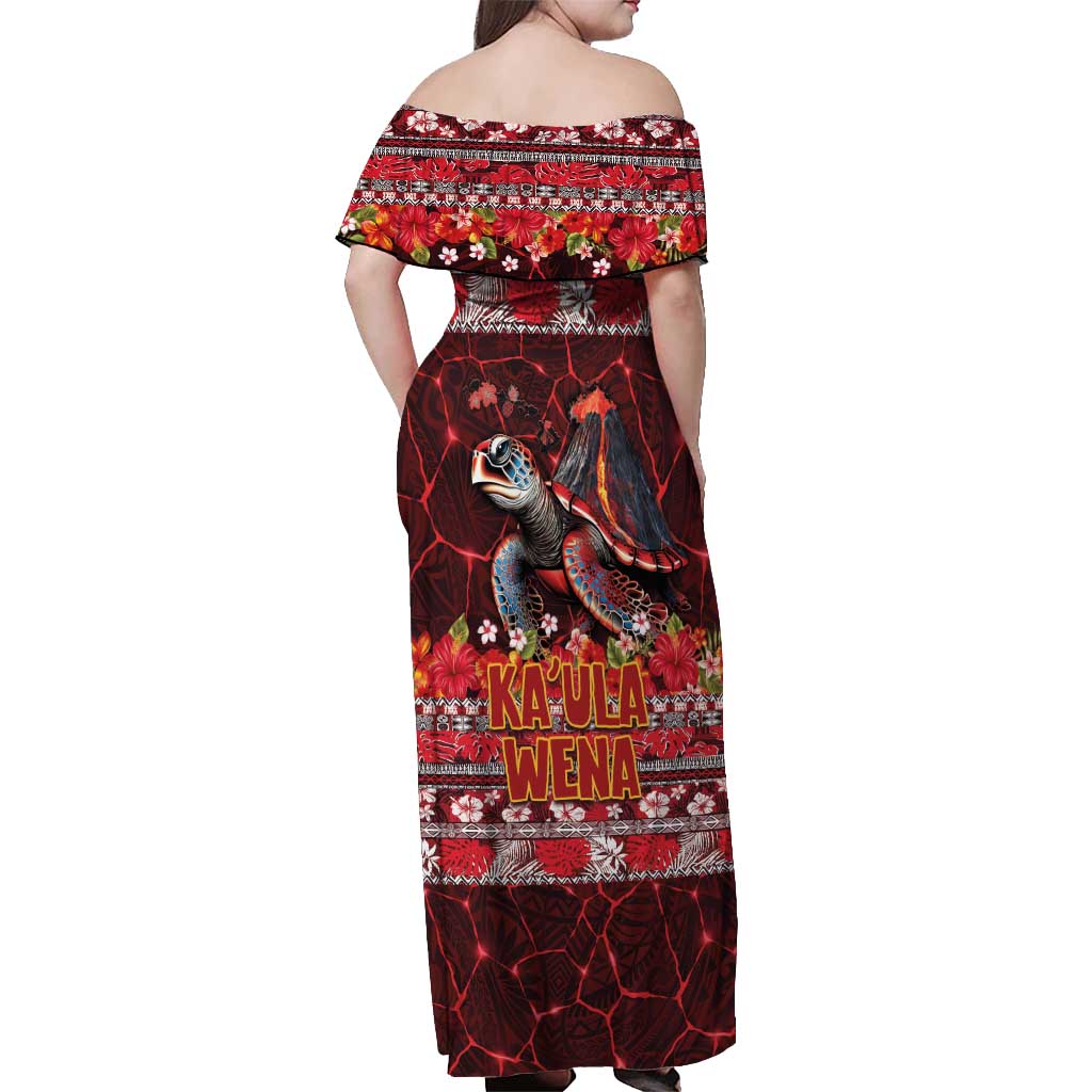 Hawaii KaUla Wena Volcano Turtle Off Shoulder Maxi Dress Lava and Tropical Plants Tribal Pattern LT03 - Polynesian Pride