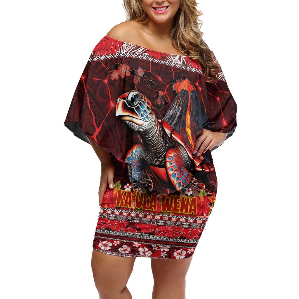 Hawaii KaUla Wena Volcano Turtle Off Shoulder Short Dress Lava and Tropical Plants Tribal Pattern LT03 Women Red - Polynesian Pride