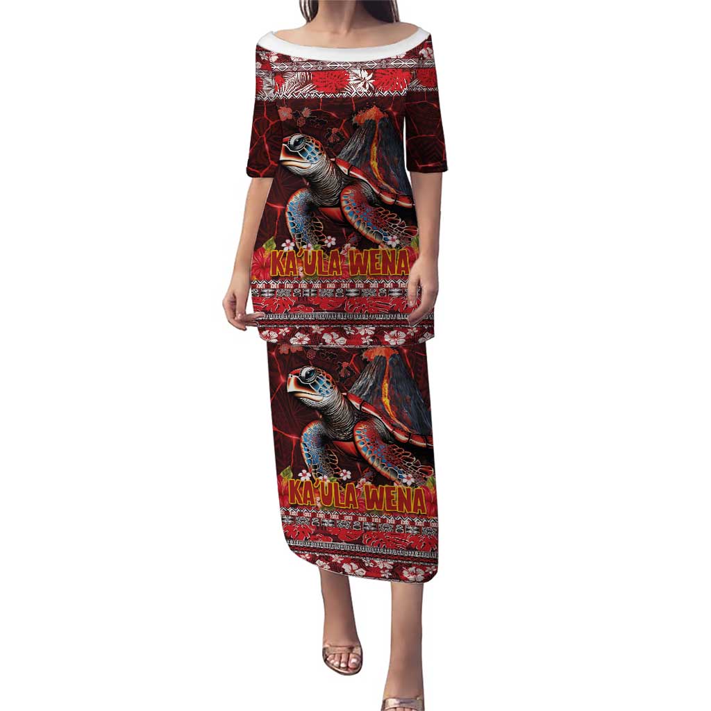 Hawaii KaUla Wena Volcano Turtle Puletasi Lava and Tropical Plants Tribal Pattern LT03 Long Dress Red - Polynesian Pride