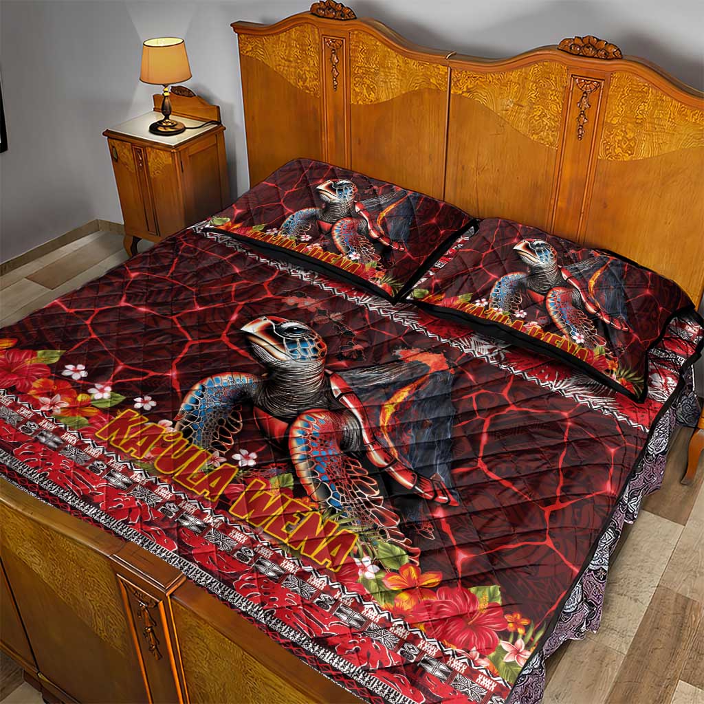 Hawaii KaʻUla Wena Volcano Turtle Quilt Bed Set Lava and Tropical Plants Tribal Pattern