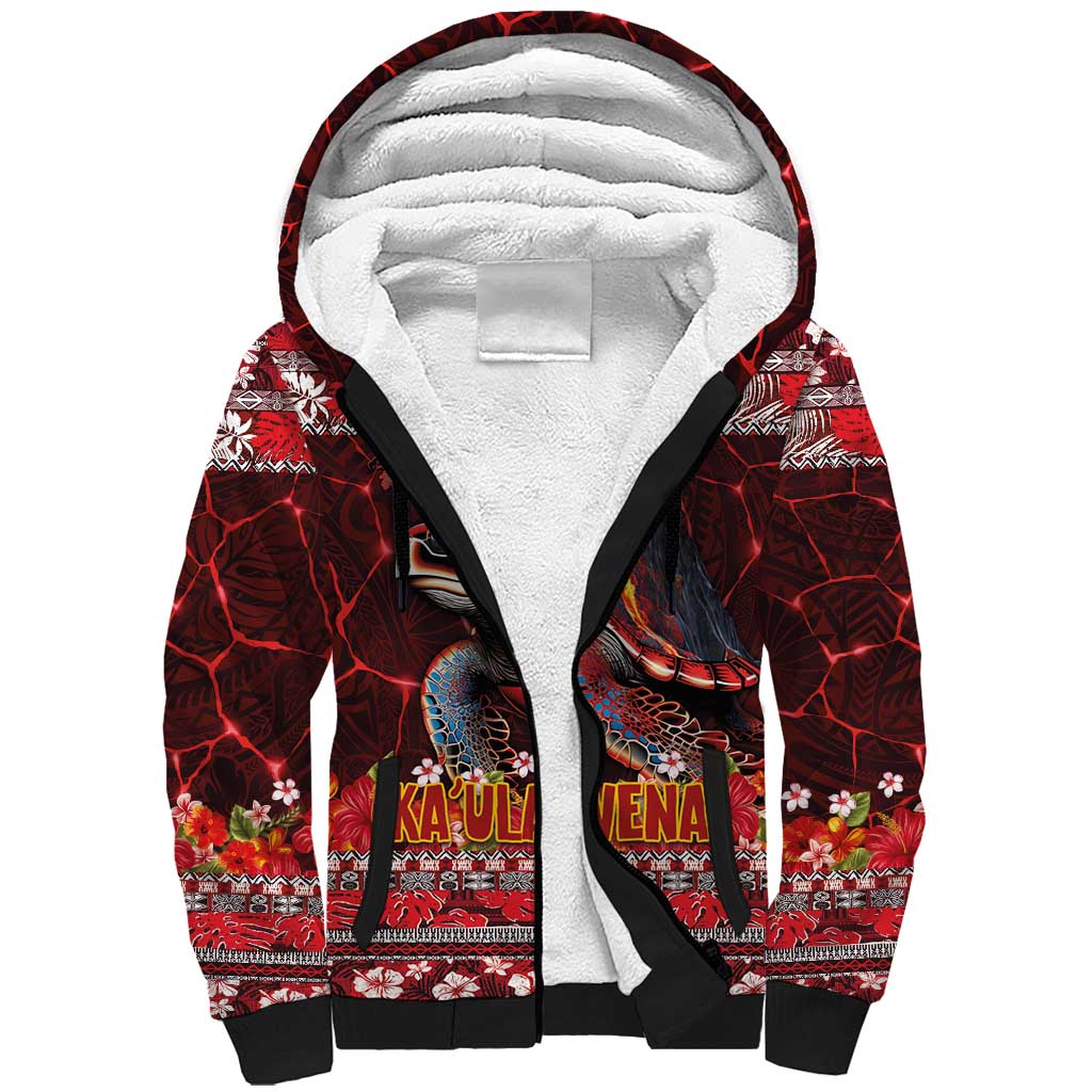Hawaii KaUla Wena Volcano Turtle Sherpa Hoodie Lava and Tropical Plants Tribal Pattern LT03 Unisex Red - Polynesian Pride