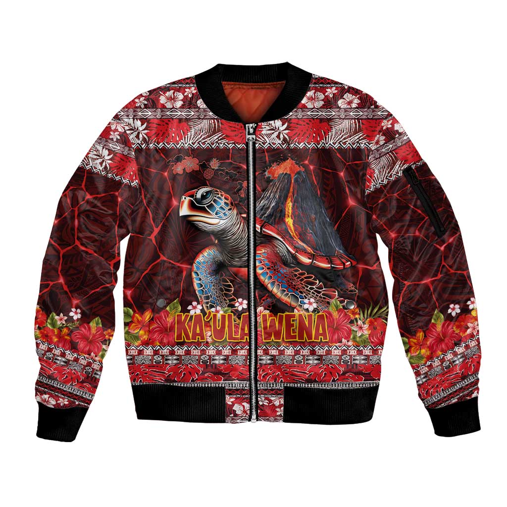 Hawaii KaUla Wena Volcano Turtle Sleeve Zip Bomber Jacket Lava and Tropical Plants Tribal Pattern LT03 Unisex Red - Polynesian Pride