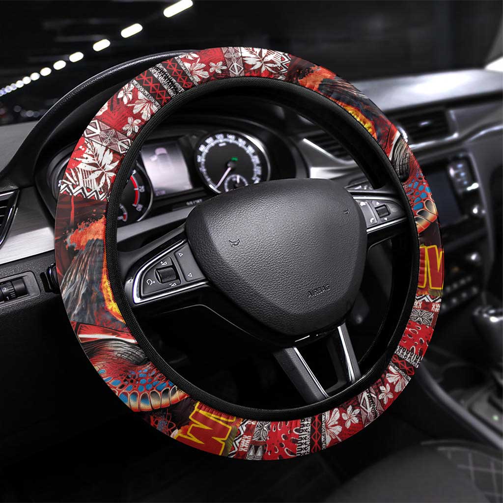 Hawaii KaUla Wena Volcano Turtle Steering Wheel Cover Lava and Tropical Plants Tribal Pattern LT03 Universal Fit Red - Polynesian Pride