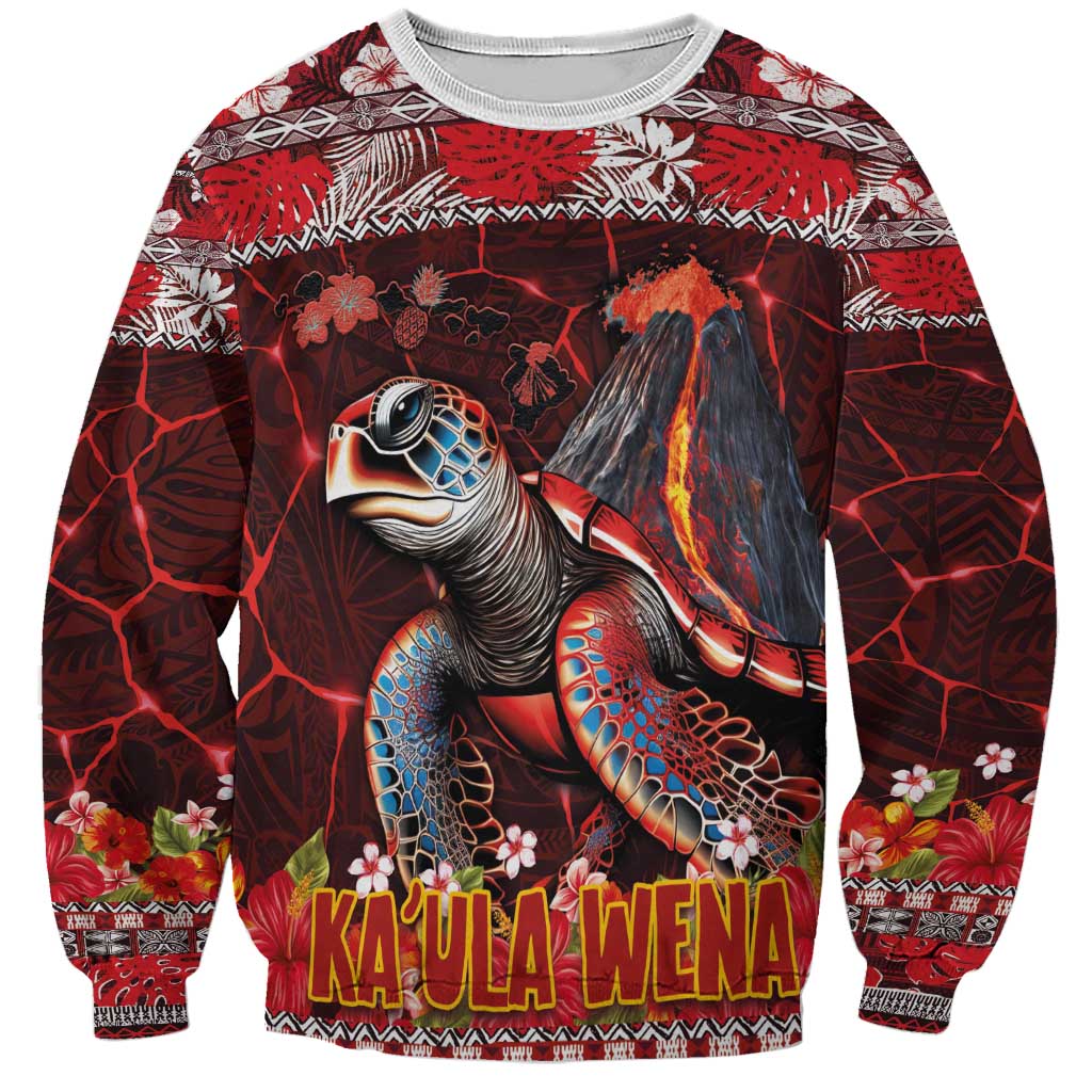 Hawaii KaUla Wena Volcano Turtle Sweatshirt Lava and Tropical Plants Tribal Pattern LT03 Unisex Red - Polynesian Pride