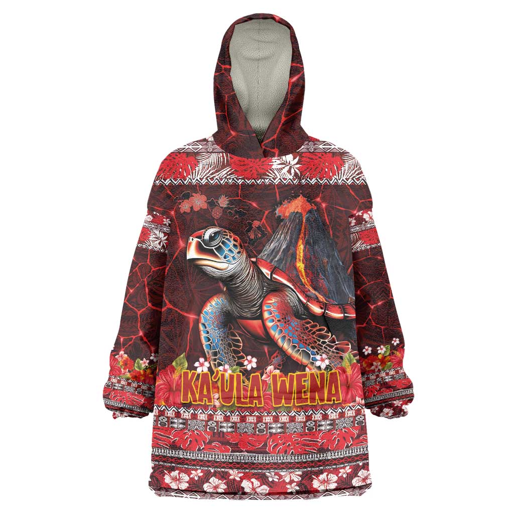 Hawaii KaUla Wena Volcano Turtle Wearable Blanket Hoodie Lava and Tropical Plants Tribal Pattern LT03 One Size Red - Polynesian Pride
