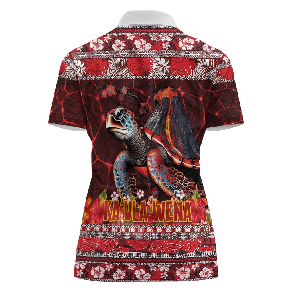 Hawaii KaʻUla Wena Volcano Turtle Women Polo Shirt Lava and Tropical Plants Tribal Pattern