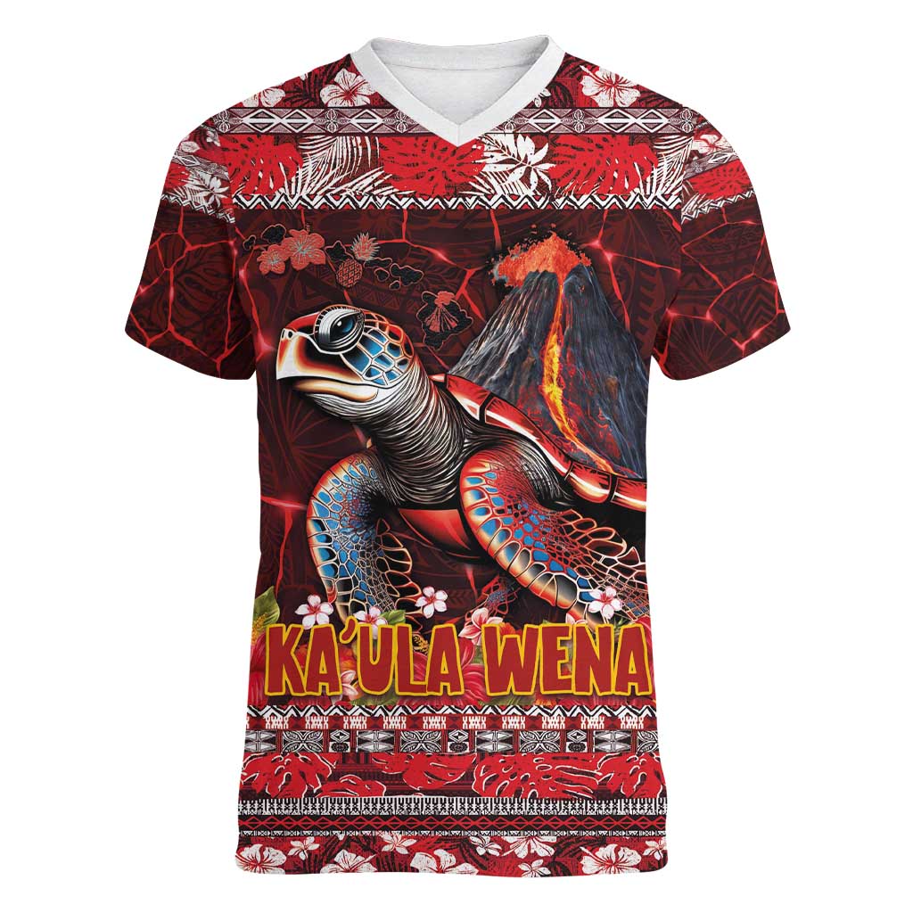 Hawaii KaUla Wena Volcano Turtle Women V-Neck T-Shirt Lava and Tropical Plants Tribal Pattern LT03 Female Red - Polynesian Pride