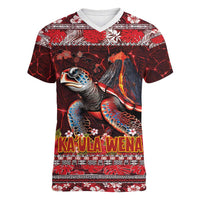 Hawaii KaUla Wena Volcano Turtle Women V-Neck T-Shirt Lava and Tropical Plants Tribal Pattern LT03 Female Red - Polynesian Pride