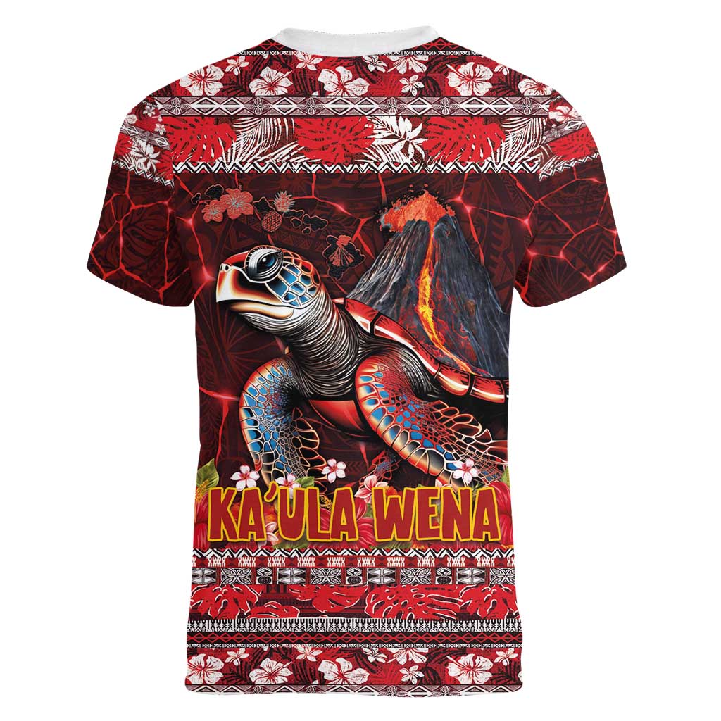 Hawaii KaUla Wena Volcano Turtle Women V-Neck T-Shirt Lava and Tropical Plants Tribal Pattern LT03 - Polynesian Pride