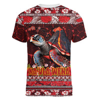 Hawaii KaUla Wena Volcano Turtle Women V-Neck T-Shirt Lava and Tropical Plants Tribal Pattern LT03 - Polynesian Pride