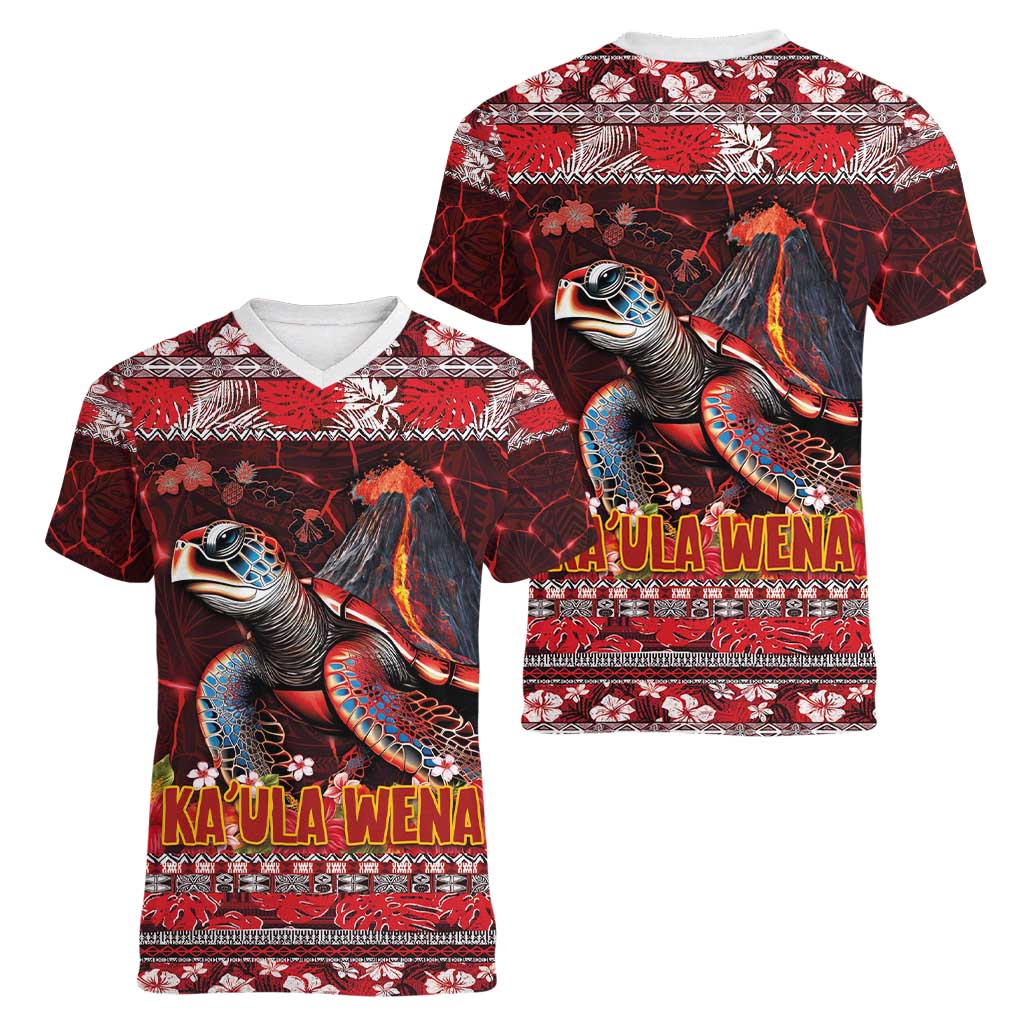 Hawaii KaUla Wena Volcano Turtle Women V-Neck T-Shirt Lava and Tropical Plants Tribal Pattern LT03 - Polynesian Pride