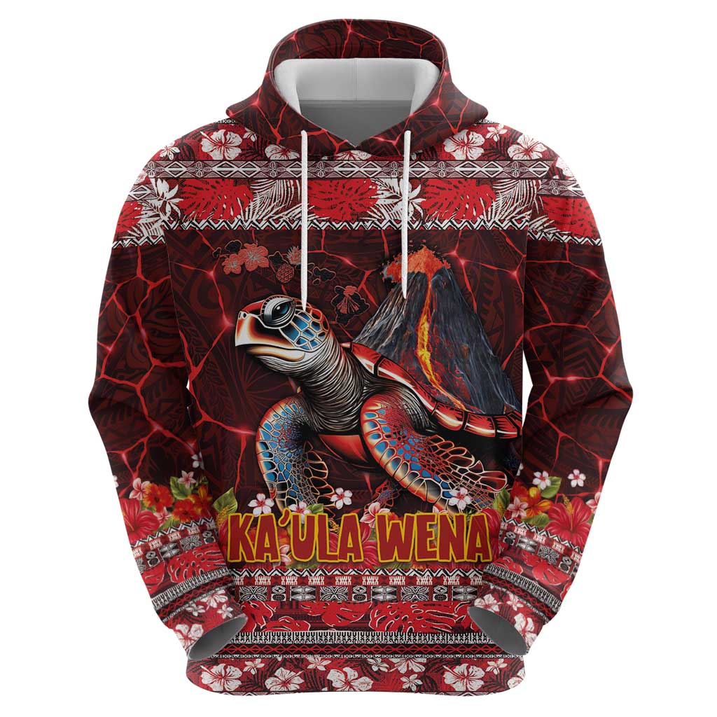 Hawaii KaʻUla Wena Volcano Turtle Zip Hoodie Lava and Tropical Plants Tribal Pattern