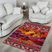 Hawaii KaʻUla Wena Octopus Area Rug Oceanic Red with Corals and Tropical On Sunset Landscape