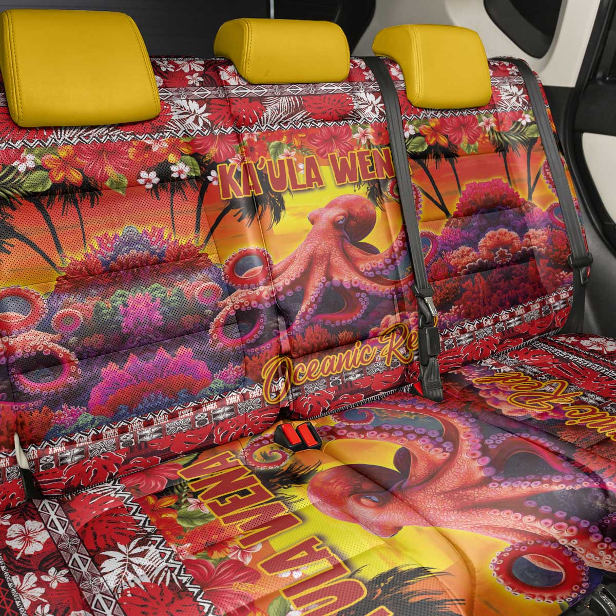 Hawaii KaʻUla Wena Octopus Back Car Seat Cover Oceanic Red with Corals and Tropical On Sunset Landscape