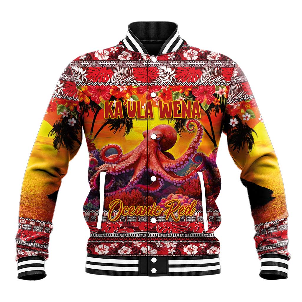 Hawaii KaUla Wena Octopus Baseball Jacket Oceanic Red with Corals and Tropical On Sunset Landscape LT03 Unisex Red - Polynesian Pride
